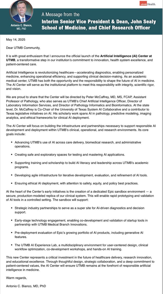 Jochen Reiser MD PhD (@jochenreiser) on Twitter photo Exciting times <a href="/utmbhealth/">UTMB Health</a> !
👇
Start of a new Center for Artificial Intelligence with Dr. Peter McCaffrey as its inaugural Director. Exciting times <a href="/utmbhealth/">UTMB Health</a> !
👇
Start of a new Center for Artificial Intelligence with Dr. Peter McCaffrey as its inaugural Director.