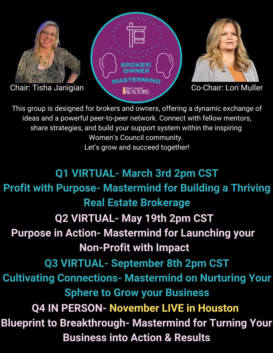 Our next Mastermind Meeting is coming soon!
Join the Broker/Owner Mastermind on May 19 at 2 p.m. CT.
Members can sign up for a Mastermind Group on our website or in the latest Newsletter!

#LeadersMadeHere #StrongerTogether #WomensCouncil