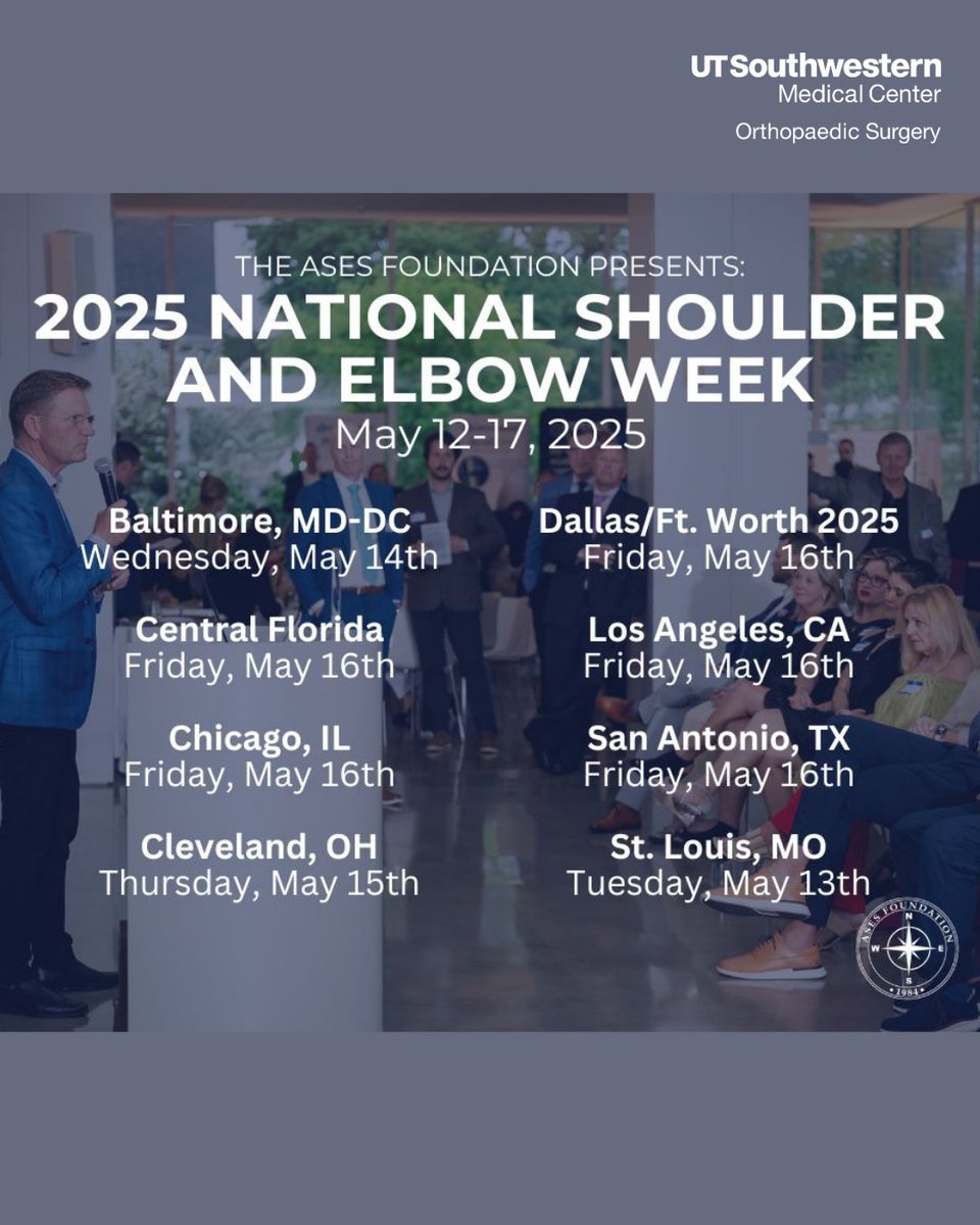 UTSW Orthopaedic Surgery (@utswortho) on Twitter photo This Friday is the 2025 National Shoulder and Elbow Week hosted by <a href="/ASESmembers/">American Shoulder and Elbow Surgeons</a>. They will have events across the country including one in DFW.
<a href="/UTSWMedCenter/">UT Southwestern Medical Center</a> will be at this event, so please come and check out our table.
Click here ➡️ bit.ly/4ap4zwO
#UTSWOrtho This Friday is the 2025 National Shoulder and Elbow Week hosted by <a href="/ASESmembers/">American Shoulder and Elbow Surgeons</a>. They will have events across the country including one in DFW.
<a href="/UTSWMedCenter/">UT Southwestern Medical Center</a> will be at this event, so please come and check out our table.
Click here ➡️ bit.ly/4ap4zwO
#UTSWOrtho