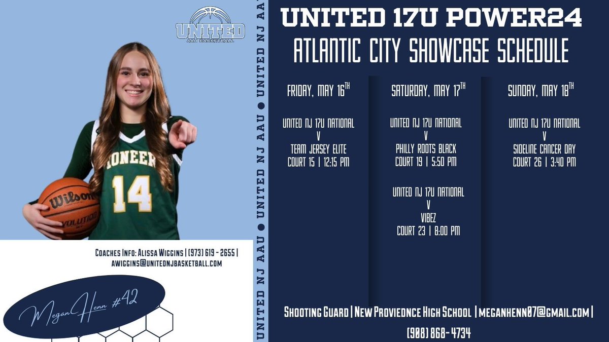 Megan Henn (@meganhenn14) on Twitter photo Here is my schedule for this weekend in AC! Can’t wait to get out there! <a href="/unitedNJaau/">United NJ AAU</a> <a href="/CoachWiggins05/">Alisa Wiggins</a> Here is my schedule for this weekend in AC! Can’t wait to get out there! <a href="/unitedNJaau/">United NJ AAU</a> <a href="/CoachWiggins05/">Alisa Wiggins</a>
