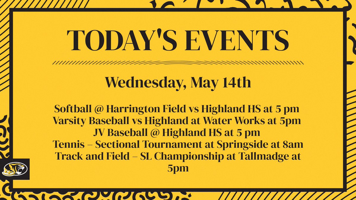 Championship season continues! Track &amp; Field heads to Tallmadge for the Suburban League Championships while Tennis begins their sectional journey! Plus Baseball &amp; Softball face Highland! Let's go Black Tigers! 🖤💛