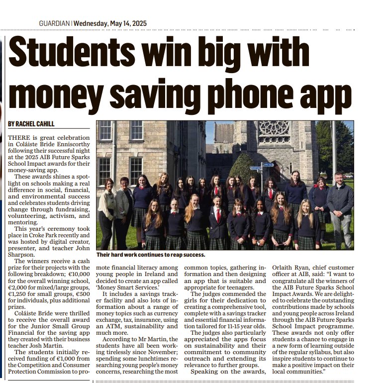 Colaiste Bride (@colaiste_bride) on Twitter photo We are featured in the <a href="/EnniscGuardian/">Enniscorthy Guardian</a> as they report on our multi award winning app. This time taking home accolades from AIB 👏🏼👏🏼 We are featured in the <a href="/EnniscGuardian/">Enniscorthy Guardian</a> as they report on our multi award winning app. This time taking home accolades from AIB 👏🏼👏🏼