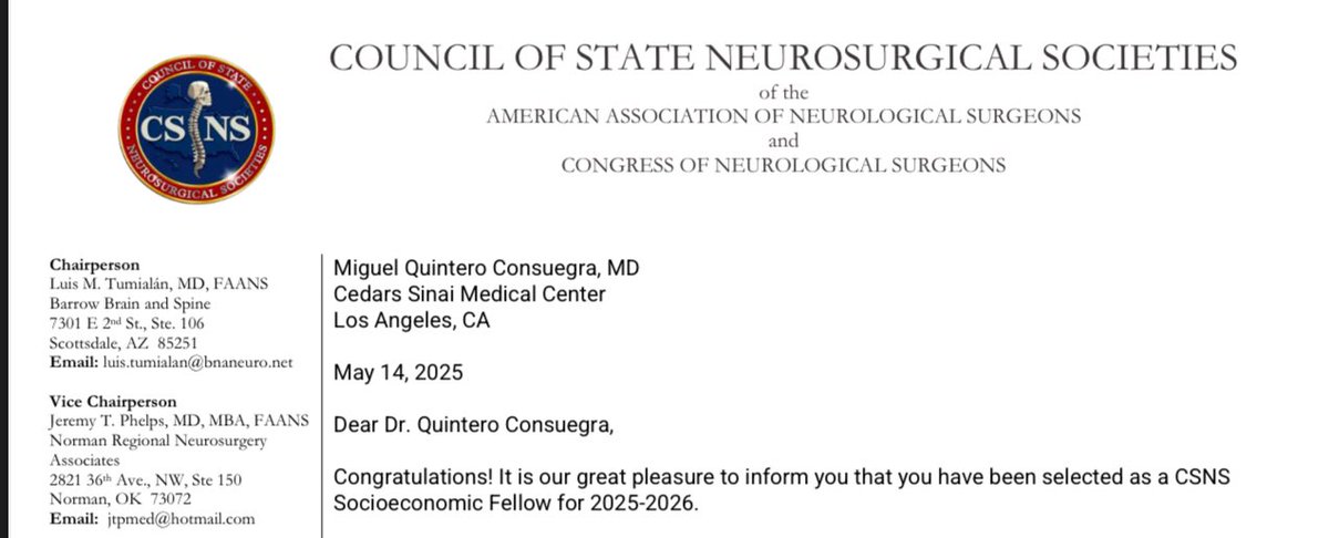 Very excited to have been selected one of the socioeconomic fellows of the CSNS! Looking forward to learn more and contribute to our field. #Neurosurgery