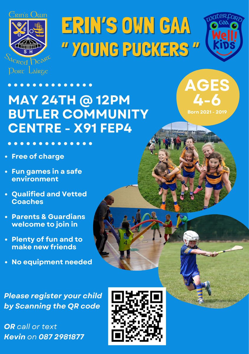 YOUNG PUCKERS 🏑 

Our young puckers returns to the butlers centre on Saturday the 24th of May at 12:00 📆 

All are welcome and if you have any queries contact Kevin on 087 298 1877 📲

🔗 Use the link below to sign up 

docs.google.com/forms/d/e/1FAI…
