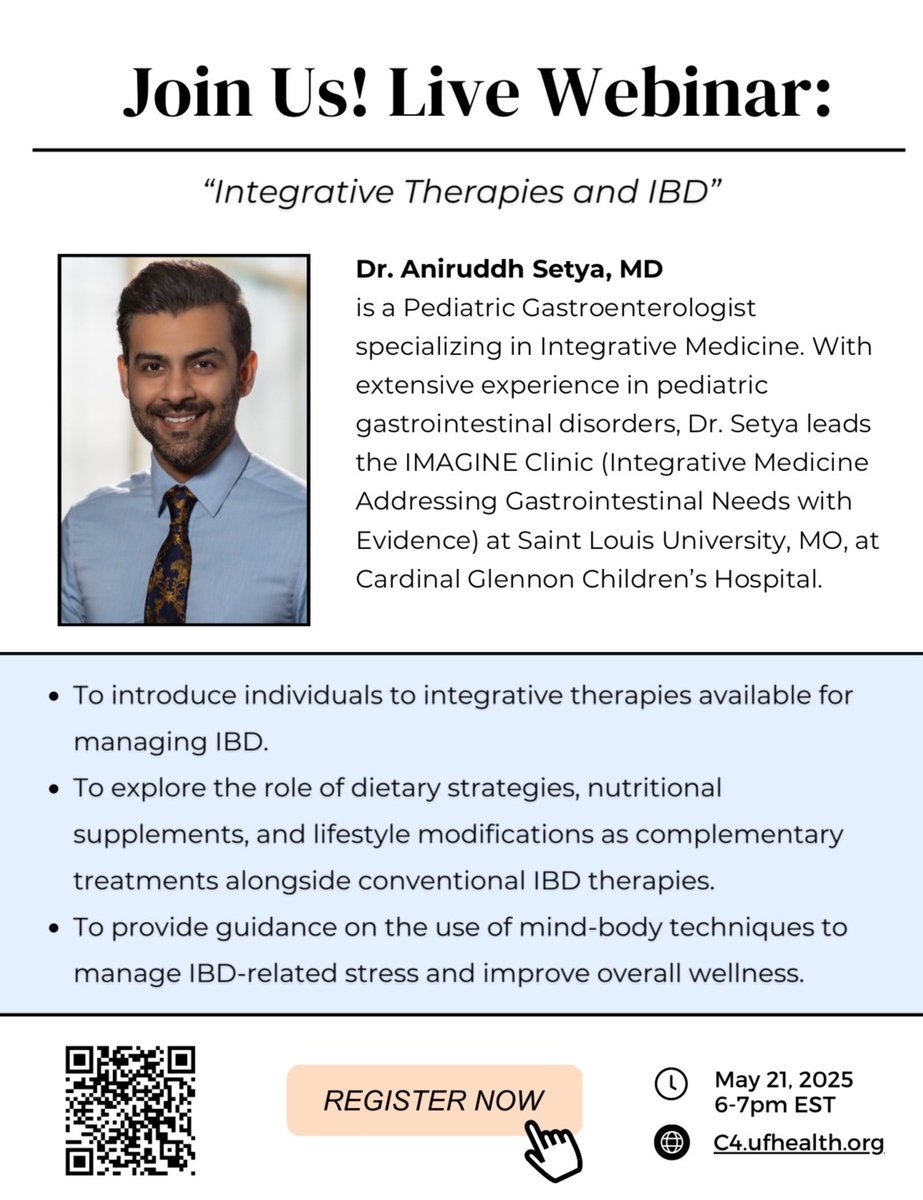 Aniruddh Setya, MD will be leading our next UF IBD webinar! See flyer for more info.

When: May 21st 6-7pm EST

Where: Zoom

Register here: ufl.zoom.us/webinar/regist…