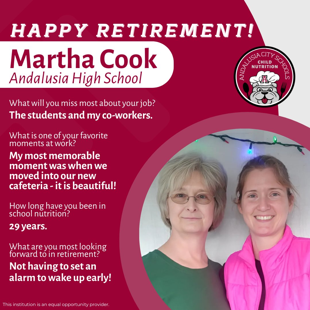 Happy Retirement to Martha Cook from <a href="/andalusia_high/">Andalusia High School</a>! 🎉 

After years of dedication, love, and showing up day after day with a heart full of care, Martha is hanging up her apron. Thank you, Martha, for everything you’ve done! ❤️👩‍🍳

<a href="/AndalusiaCS/">Andalusia City Schools</a> #ALschools #ThatsWhy