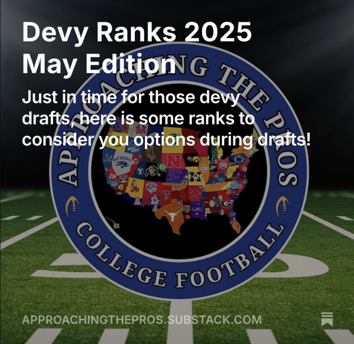 Picking college players for fantasy squads is hard. Here’s my personal ranks for #devy football leagues (or #c2c or early preview for #dynasty) and some rationale for the different tiers of guys at each position. 
<a href="/MyFantasyLeague/">MyFantasyLeague.com</a> <a href="/campus2canton/">Campus2Canton</a> 

open.substack.com/pub/approachin…
