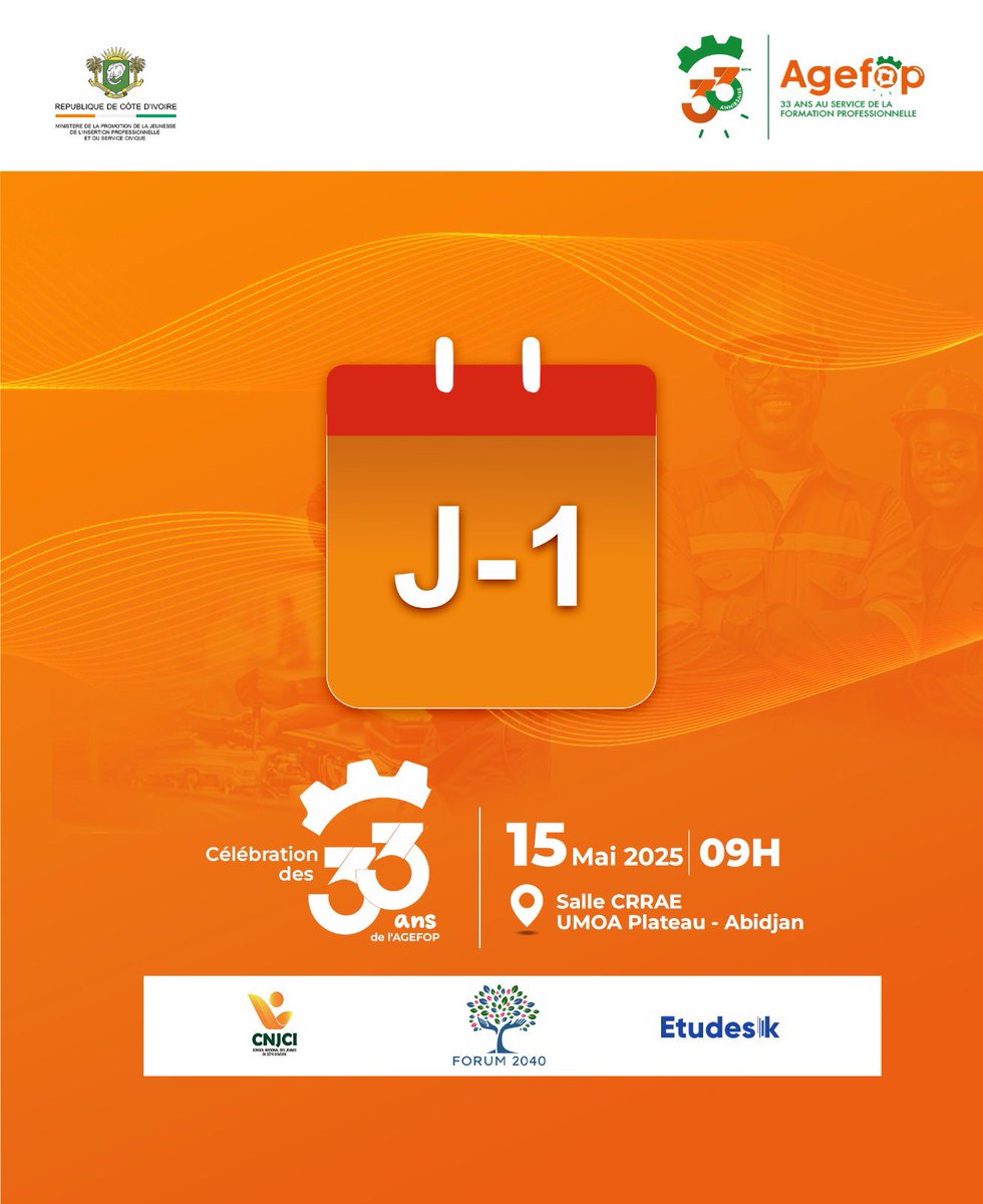 J-1. Demain, la jeunesse, les institutions et les partenaires se réunissent pour célébrer 33 ans d’impact AGEFOP. Panels, ateliers, réseautage… Prépare-toi à agir, pas à regarder.
📍CRRAE UMOA
🔗 agefop.ci/inscription33
#AGEFOP33Ans #J1