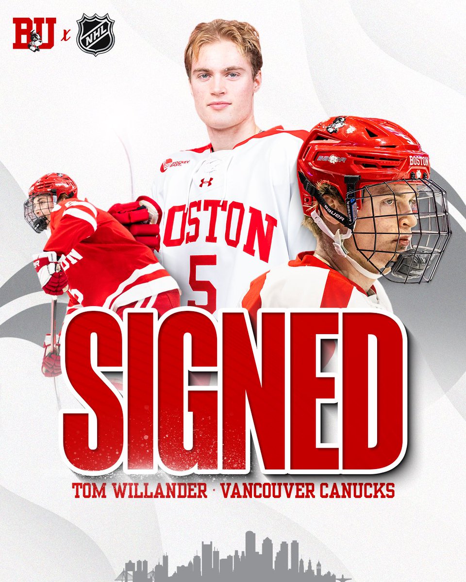 BU Men's Hockey (@terrierhockey) on Twitter photo Congrats to Tom Willander on signing a three-year deal with <a href="/Canucks/">Vancouver Canucks</a>!
Wishing you all the best as you begin your pro career, Tom! Congrats to Tom Willander on signing a three-year deal with <a href="/Canucks/">Vancouver Canucks</a>!
Wishing you all the best as you begin your pro career, Tom!