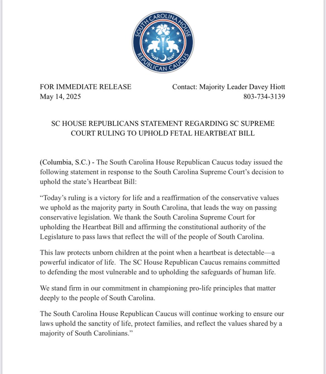 SCHouseGOP's tweet image. ⬇️ Statement regarding SC Supreme Court Ruling to Uphold Fetal Heartbeat Bill