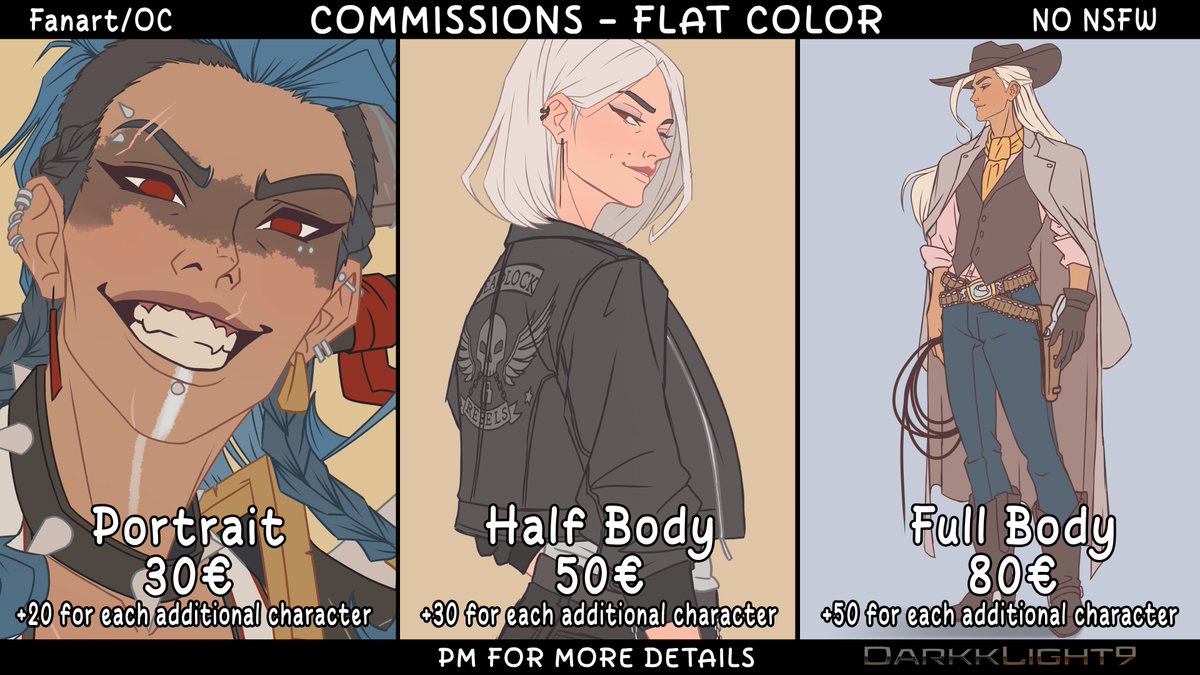 DarkkLight9's tweet image. A lot of people ask me if I do commissions and what my prices are, so I'm posting them here.
Prices can vary depending on the character (swimsuit doesn't require as much time as full armor).
Adding backgrounds is possible, but can quickly increase the price.
(PayPal only)