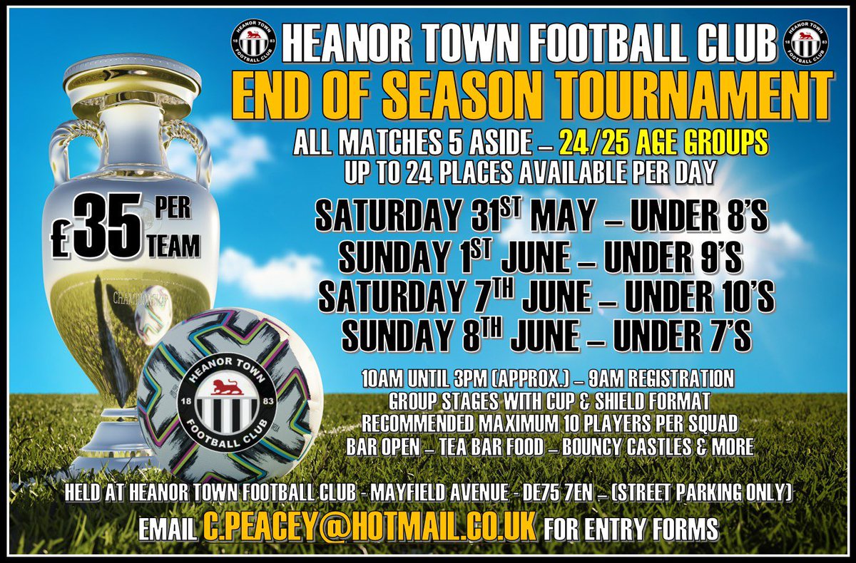 HEANOR TOWN (@heanortownfc) on Twitter photo 🦁HEANOR TOWN
🏆End Of Season Tournament
🏟️The Town Ground-Heanor
⚽️U8’s Sat 31st May
⚽️U9’s Sun 1st June
⚽️U10’s Sat 7th June
⚽️U7’s Sun 8th June
📈24/25 Age groups
📈All matches 5v5
💳£35 per team
📩c.peacey@hotmail.co.uk 🦁HEANOR TOWN
🏆End Of Season Tournament
🏟️The Town Ground-Heanor
⚽️U8’s Sat 31st May
⚽️U9’s Sun 1st June
⚽️U10’s Sat 7th June
⚽️U7’s Sun 8th June
📈24/25 Age groups
📈All matches 5v5
💳£35 per team
📩c.peacey@hotmail.co.uk