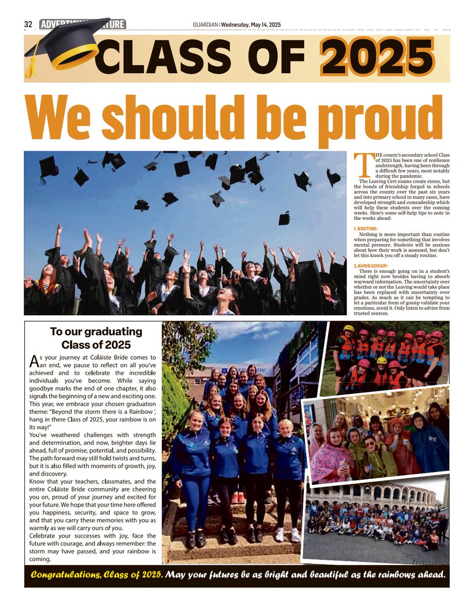 As the final week approaches for our Leaving Cert class of 2025, we take the time to wish them all the very best in the next step of their journey. There are still lots of memories to be made before graduation night 🧑‍🎓🎓