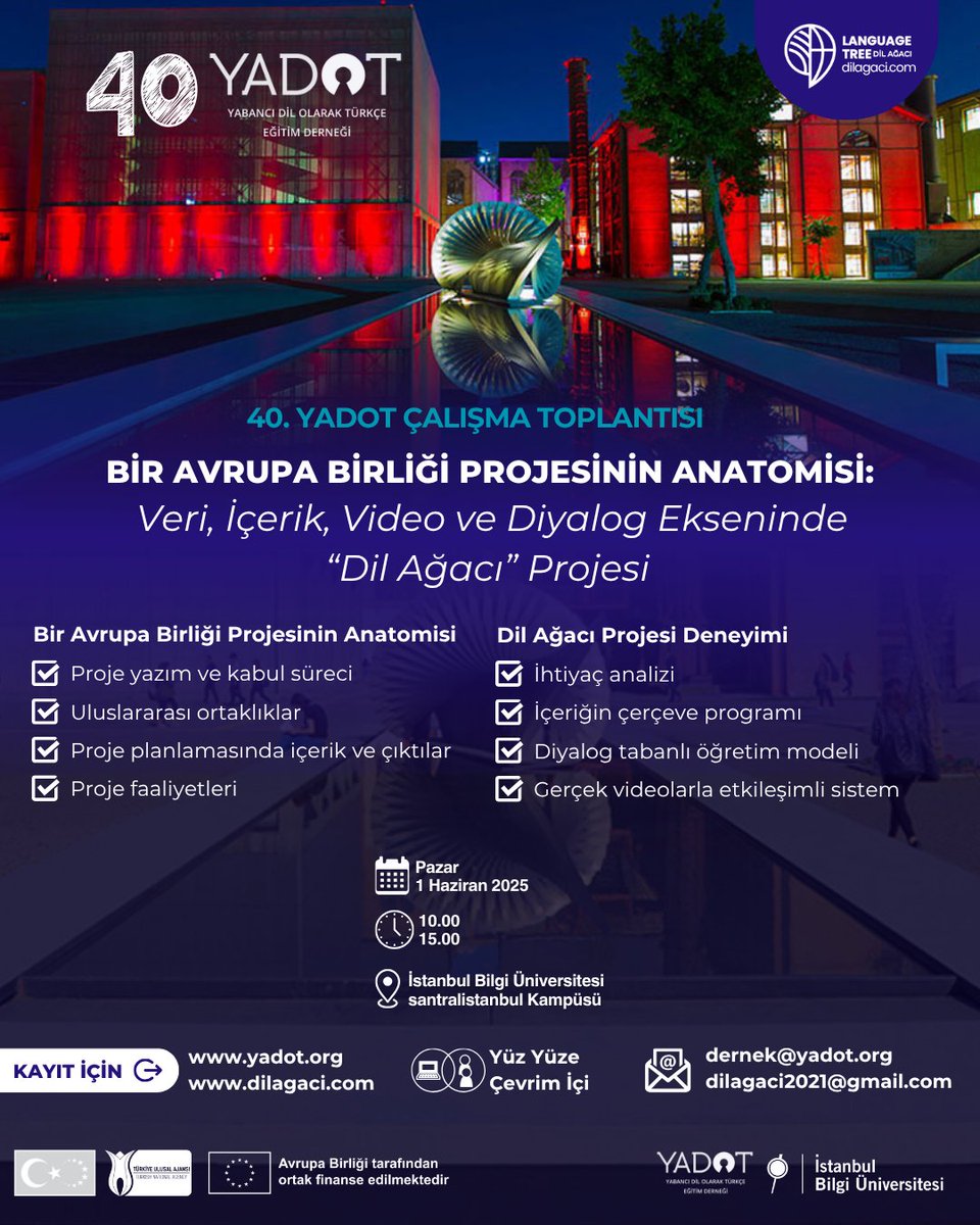 dilagaciprojesi's tweet photo. 📢 40. YADOT Çalışma Toplantısı, 1 Haziran 2025’te İstanbul Bilgi Üniversitesi Bilgi TÜRMER ev sahipliğinde gerçekleşecek 📍📅
Başlık: Bir AB Projesinin Anatomisi: Veri, İçerik, Video ve Diyalog Ekseninde Dil Ağacı 🎥💬📊
Toplantı hibrit yapılacak (yüz yüze + ZOOM) 💻 https://t.co/lyvLmf722r