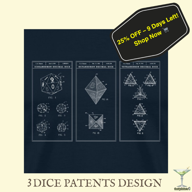 DaddyRolleda1's tweet photo. My *new* gear shop is now LIVE!
  
Get 25% off everything for the next 9 days 🎲  

Dice patents, Daddy Rolled A 1 logos, OSR nostalgia &amp; more!  

🛒 Click on the images to shop the collections!

#ttrpg #osr #rpgmerch #dnd #dndfashion