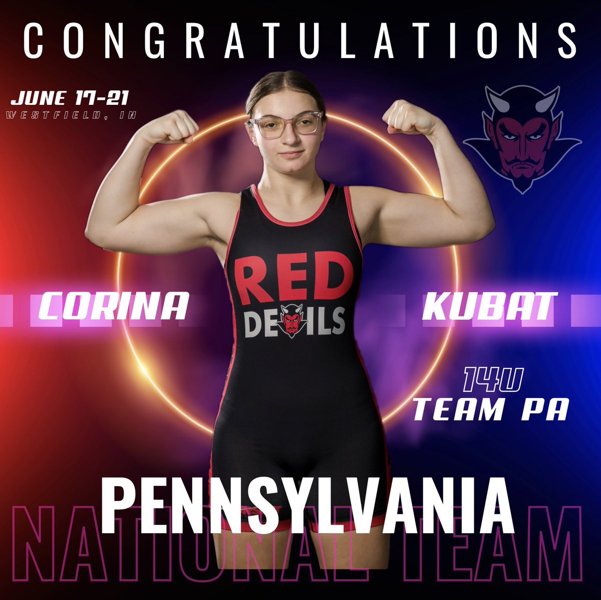 Congrats to Corina Kubat for being selected to represent PA in the 14u National duals!