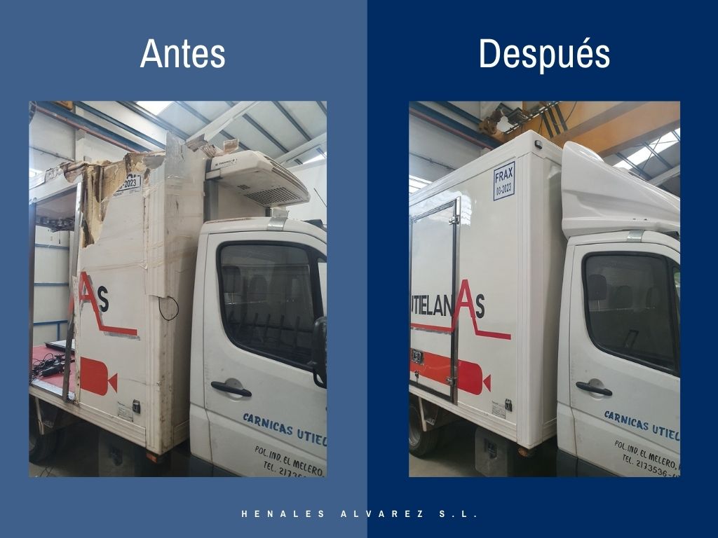 Reparación de una caja isotermo en la zona superior derecha, tanto por la parte exterior como por la interior (lateral, frontal y techo), además del pintado de toda la zona afectada y la rotulación posterior con la imagen corporativa del cliente