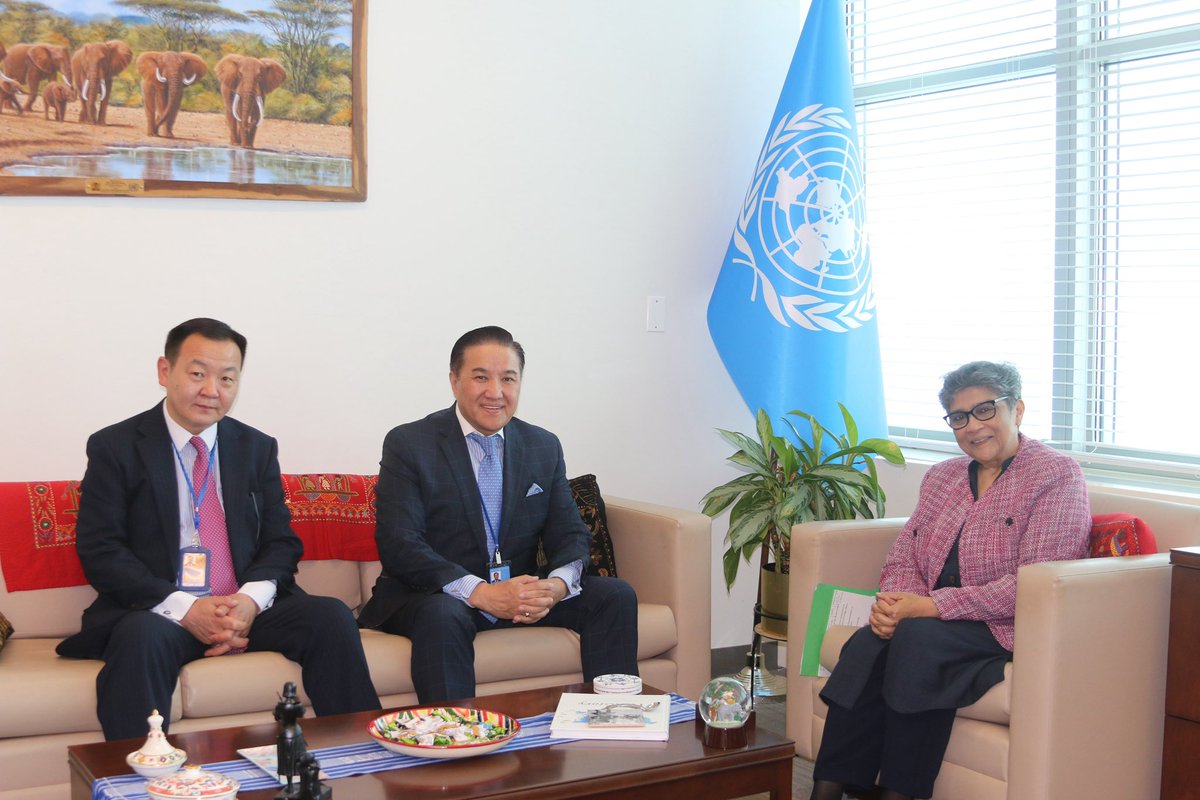 A pleasure as always to welcome <a href="/AnkhbayarNyamdo/">Ankhbayar Nyamdorj</a>, PR of 🇲🇳 &amp; Amb Enkhbold Vorshilov. Grateful for 🇲🇳’s continued leadership on #LLDC issues, including as co-chair of the #LLDC3 prepcom. I assured of <a href="/UNOHRLLS/">UN-OHRLLS</a>'s full support as we get closer to #LLDC3 in Awaza.