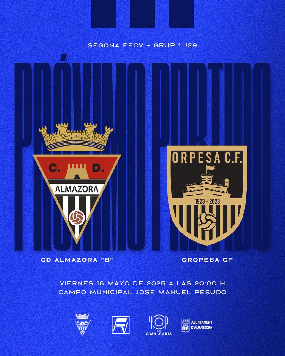 🆚 Oropesa CF
📆 Viernes 14 | 🕐 20:00 H
🏟️ Campo Municipal Jose Manuel Pesudo
🏆 Segona FFCV | J29

¡Nos vemos afición! ⚪️⚫️

#cdalmazora
#orgullalmassorí
