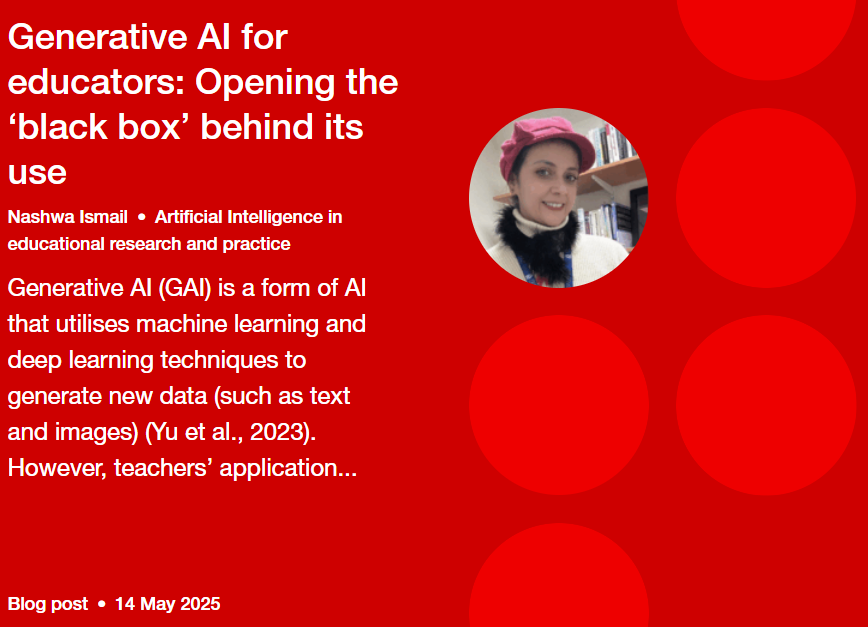 Thrilled to share my <a href="/BERANews/">BERA</a>  published blog: 
The blog is evidence-based and tackles the key drivers for opening this black box : Pedagogy, Technology and Institutionally &amp; policy. Link: bera.ac.uk/blog/generativ…
