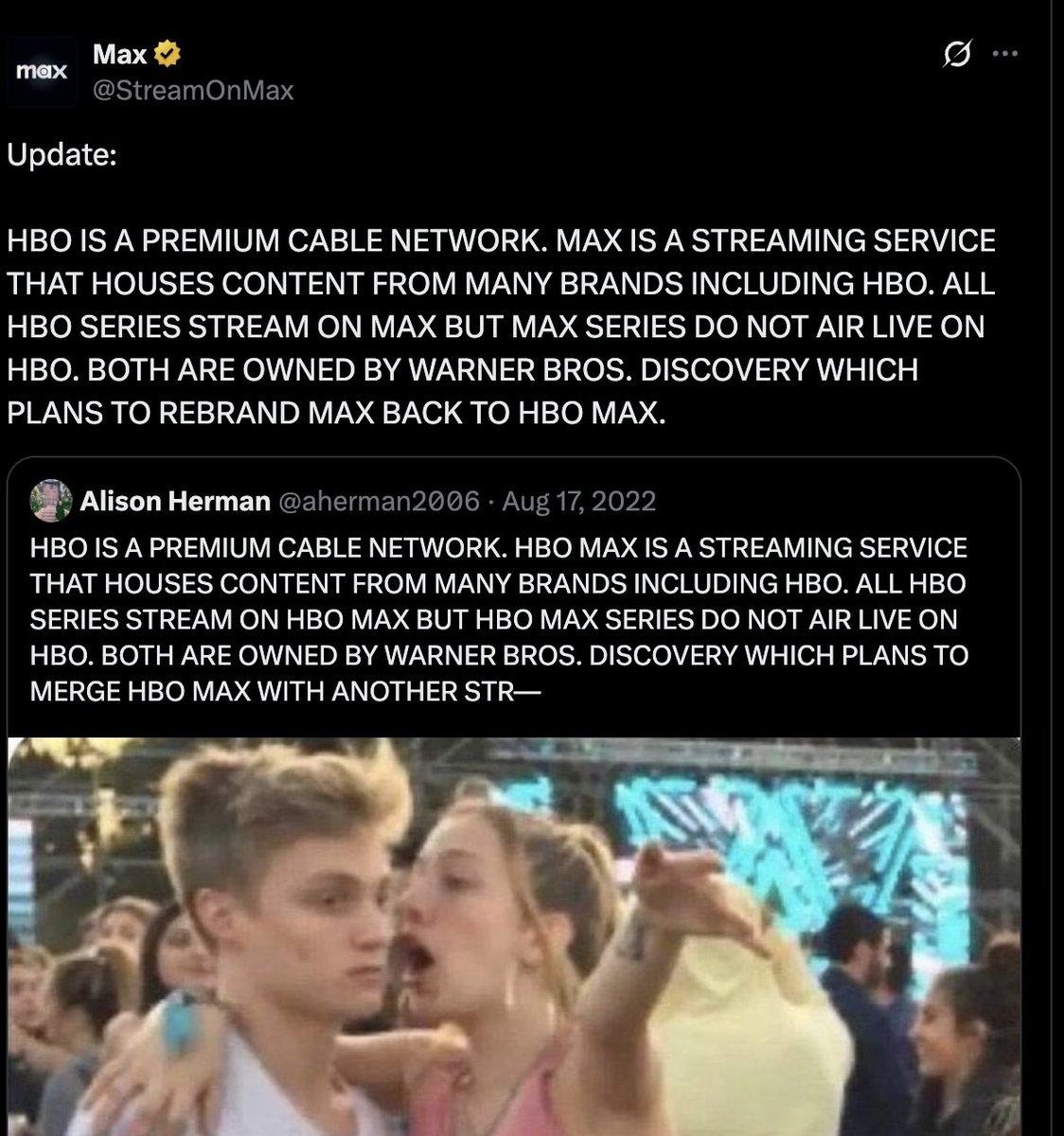 lulumeservey's tweet image. The HBO Max social team is doing yeoman's work, leaning into the absurdity of their boomerang rebrand and diffusing ridicule by getting in on the joke
This is excellent work and exactly what a social handle is for