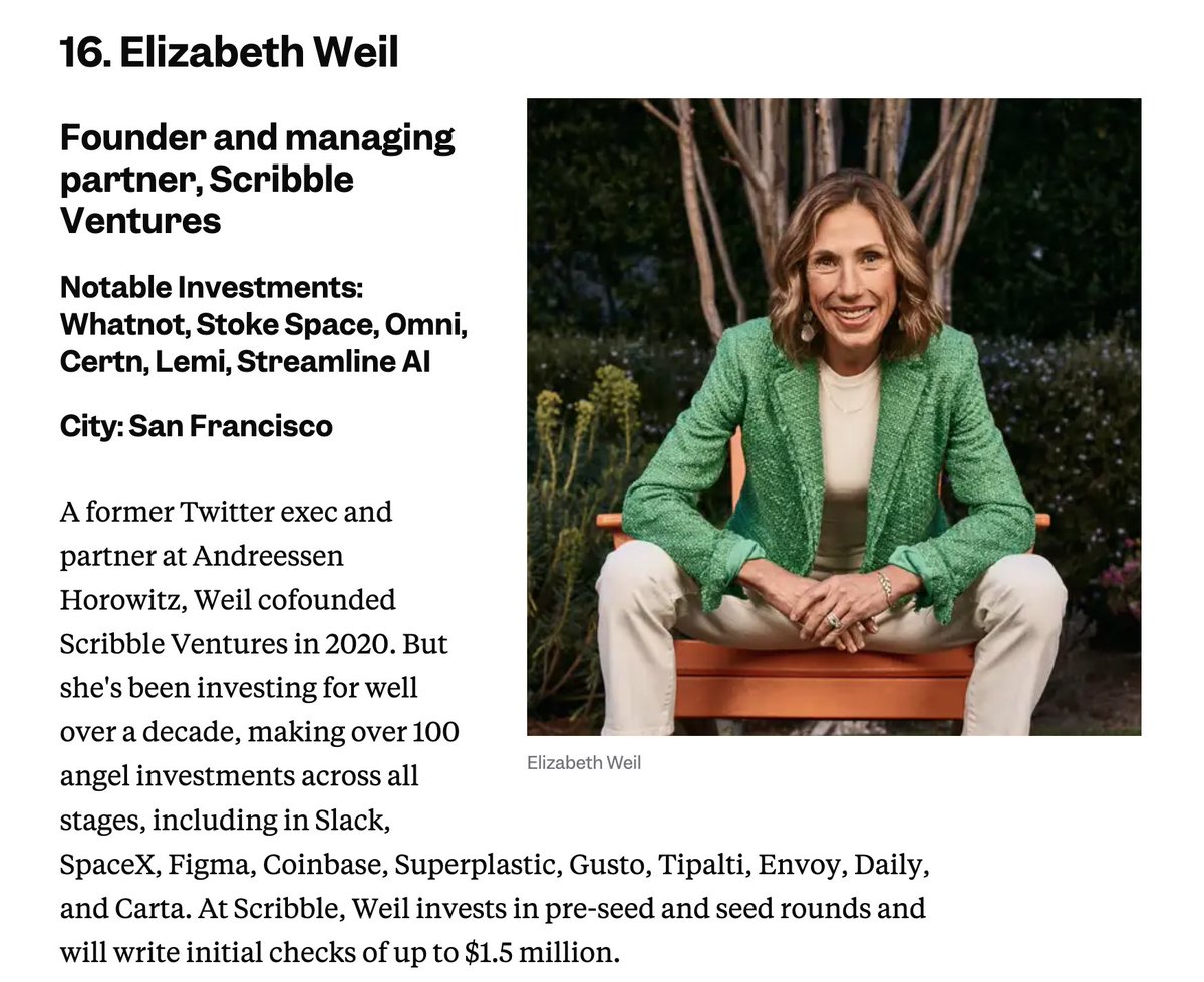 ScribbleVC's tweet image. The @ScribbleVC team is so proud to see @elizabeth on the 2025 Seed 40 List by @BusinessInsider!
The Seed 40 highlights early-stage investors who have backed 2025's hottest startups, from AI to health tech.
Elizabeth founded Scribble because she believes great founders deserve…