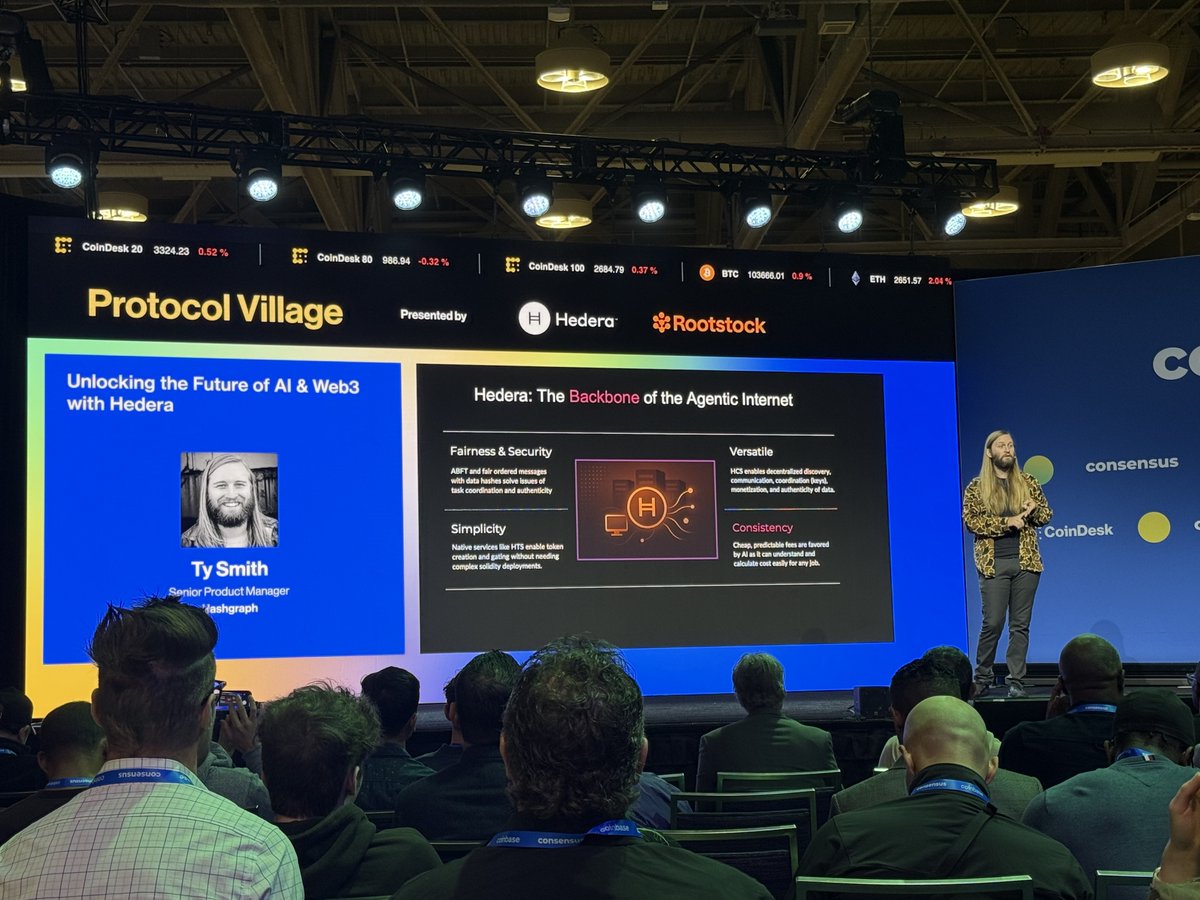 hedera's tweet image. Hedera - the backbone of the agentic internet @TMCC_Patches presenting @consensus2025 🤖