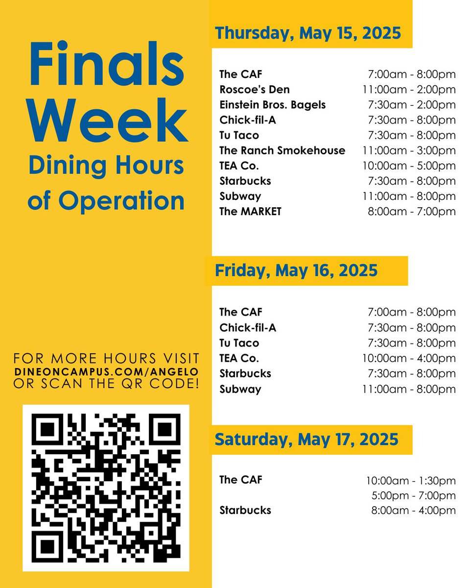 Angelo Dining (@angelodining) on Twitter photo Spring semester is wrapping up!🎉
Check out our adjusted hours of operations before you head out to make sure you can grab your finals fuel before your exams!
For more hours of operations, please visit dineoncampus.com/Angelo
#FuelingTheBlueAndGold #AngeloDining
<a href="/AngeloState/">Angelo State</a> Spring semester is wrapping up!🎉
Check out our adjusted hours of operations before you head out to make sure you can grab your finals fuel before your exams!
For more hours of operations, please visit dineoncampus.com/Angelo
#FuelingTheBlueAndGold #AngeloDining
<a href="/AngeloState/">Angelo State</a>