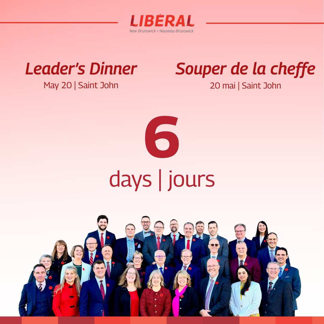 🎉 Only 6 days to go! 🎉 Il ne reste que 6 jours! 🎉

Join the dynamic team of Liberal MLAs and Premier Susan Holt for an uplifting evening of connection, conversation, and shared purpose. ✨The 2025 Leader’s dinner in Saint John will feature great live music, inspiring words