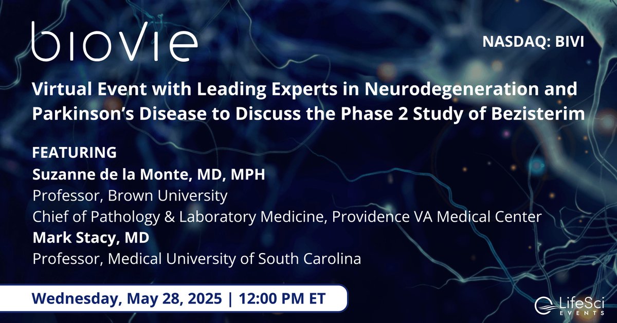 Join @BioVie Inc. $BIVI for a virtual KOL event on May 28 at 12pm ET featuring Drs. Suzanne de la Monte and Mark Stacy, who will join company management to discuss the unmet need and current treatment landscape for Parkinson's disease.

Register: bit.ly/3GQDEiN