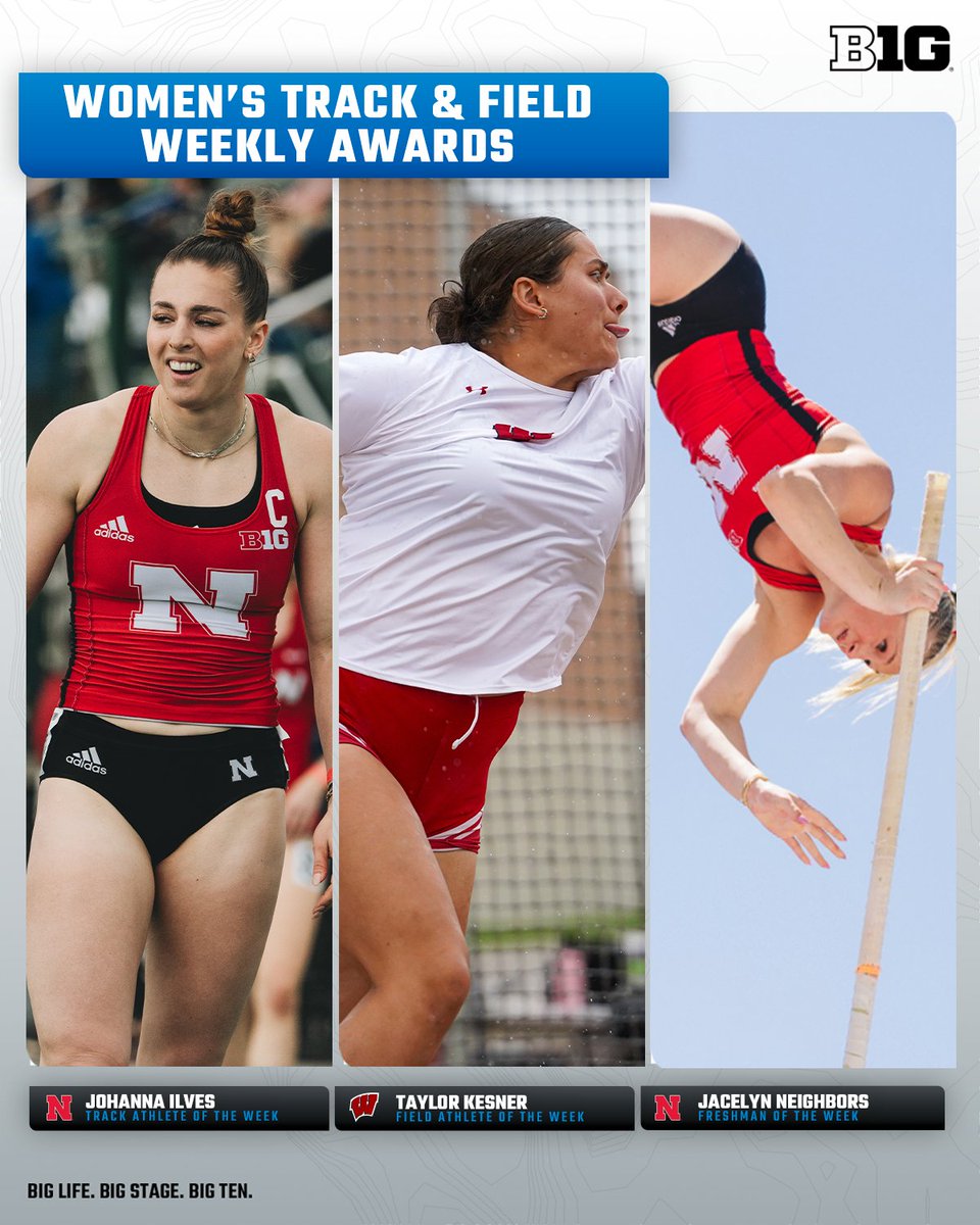 Big Ten Conference (@bigten) on Twitter photo Your Women's Track & Field Weekly Awards go to... ๐๏ธ
Track Athlete of the Week: Johanna Ilves, Nebraska
Field Athlete of the Week: Taylor Kesner, Wisconsin
Freshman of the Week: Jacelyn Neighbors, Nebraska
๐ bit.ly/3YL0A9a
#B1GTF x <a href="/HuskerTFXC/">Nebraska Track & Field/Cross Country</a> x <a href="/BadgerTrackXC/">Wisconsin Track & Field and Cross Country</a> Your Women's Track & Field Weekly Awards go to... ๐๏ธ
Track Athlete of the Week: Johanna Ilves, Nebraska
Field Athlete of the Week: Taylor Kesner, Wisconsin
Freshman of the Week: Jacelyn Neighbors, Nebraska
๐ bit.ly/3YL0A9a
#B1GTF x <a href="/HuskerTFXC/">Nebraska Track & Field/Cross Country</a> x <a href="/BadgerTrackXC/">Wisconsin Track & Field and Cross Country</a>