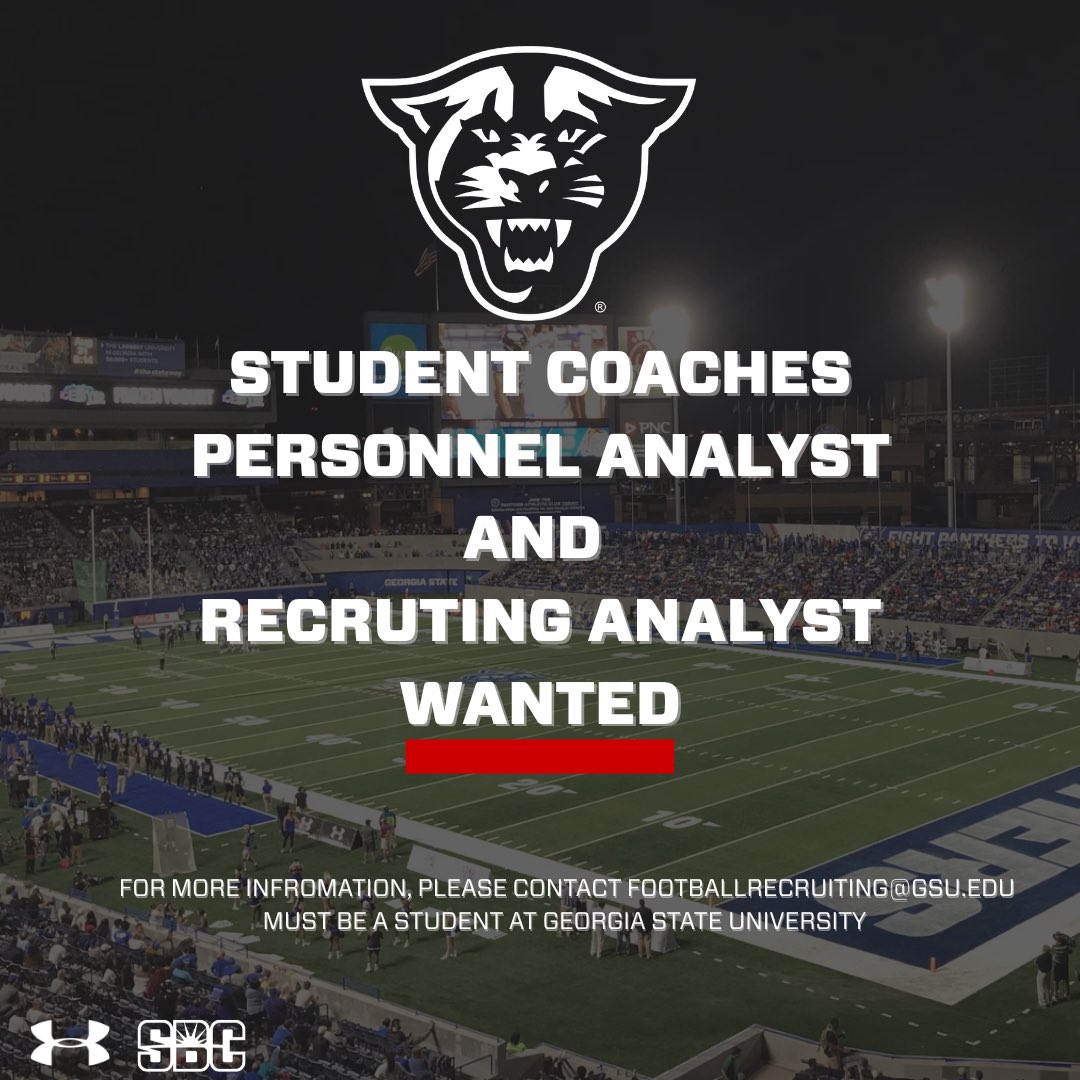 Joe Windon (@jwindon35) on Twitter photo Georgia State Students!
Looking to get your foot in the door with college football? We’re looking for motivated students to join our team as Student Coaches, Personnel Analyst, and Recruiting Analysts.
Be part of something special with <a href="/GeorgiaStateFB/">GSU Football</a>!
Apply Now: Georgia State Students!
Looking to get your foot in the door with college football? We’re looking for motivated students to join our team as Student Coaches, Personnel Analyst, and Recruiting Analysts.
Be part of something special with <a href="/GeorgiaStateFB/">GSU Football</a>!
Apply Now: