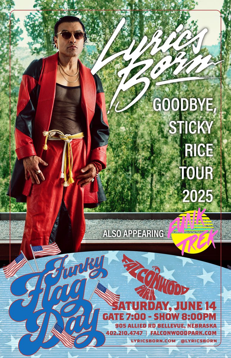 Yo, bringing the “Sticky Rice Tour” to Falconwood Park Saturday, June 14th, for Falconwood’s Funky Flag Day! 

Tickets on sale this Friday, May 16th, at 10am CT.  First 100 tickets $20 / Adv. $25 / Day of $30  Gates 7pm Show 8pm All Ages
etix.com/ticket/p/56210…