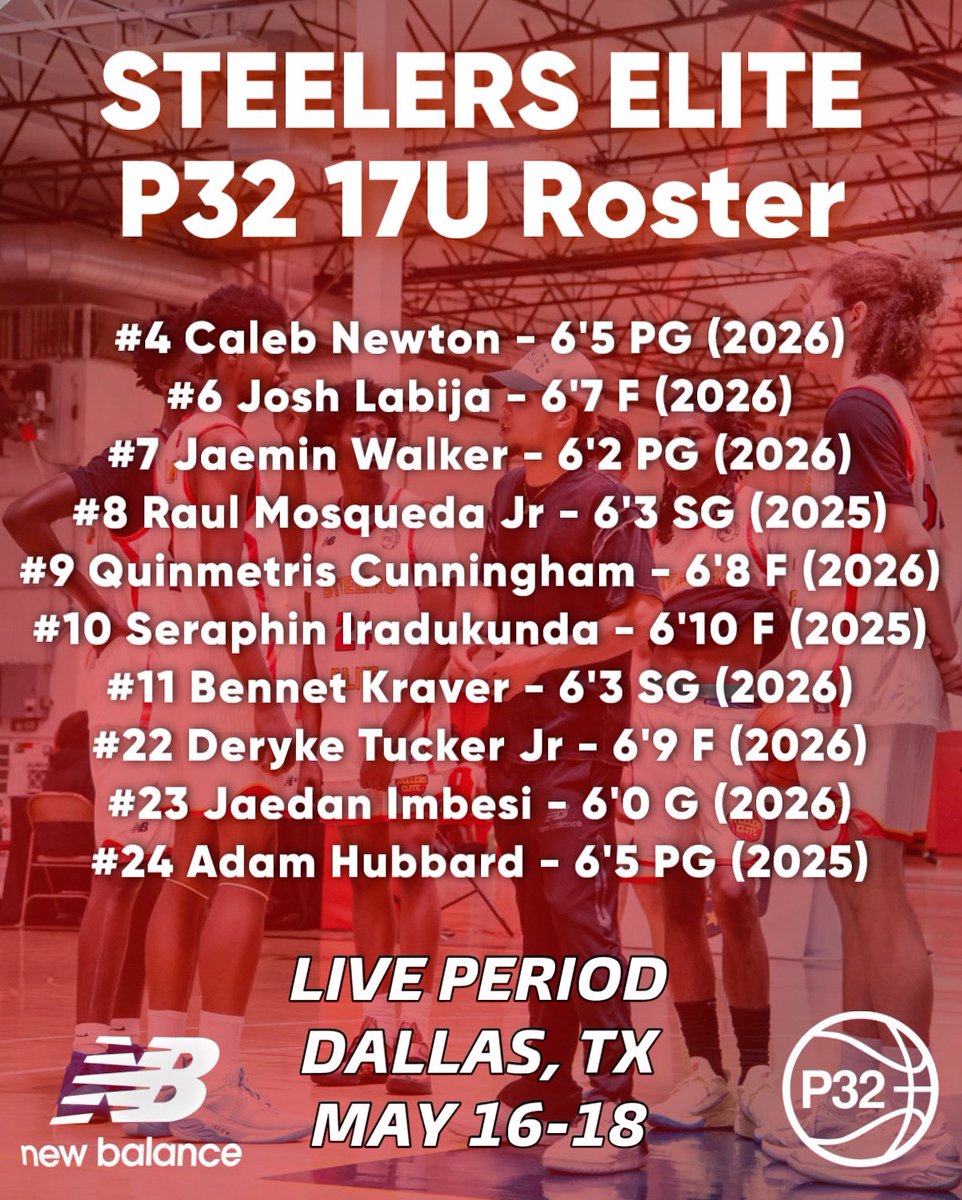 Steelers Elite (@steelerselitebb) on Twitter photo 🚨Steelers Elite P32 17U Live Period Schedule & Roster in Dallas, TX, May 16-18 <a href="/p32league/">P32 League</a>
COACHES TAP IN 👀
PLAYERS TO WATCH📈
•6’5 2026 PG Caleb Newton <a href="/Calebnewton2026/">Caleb newton</a>
•6’4 2025 PG Adam Hubbard (3.5 GPA)
<a href="/A_Hubbard24/">Adam Hubbard</a>
•6’10 2025 F Seraphin Iradukunda
<a href="/Seraphin_ir34/">Seraphin iradukunda</a> 🚨Steelers Elite P32 17U Live Period Schedule & Roster in Dallas, TX, May 16-18 <a href="/p32league/">P32 League</a>
COACHES TAP IN 👀
PLAYERS TO WATCH📈
•6’5 2026 PG Caleb Newton <a href="/Calebnewton2026/">Caleb newton</a>
•6’4 2025 PG Adam Hubbard (3.5 GPA)
<a href="/A_Hubbard24/">Adam Hubbard</a>
•6’10 2025 F Seraphin Iradukunda
<a href="/Seraphin_ir34/">Seraphin iradukunda</a>