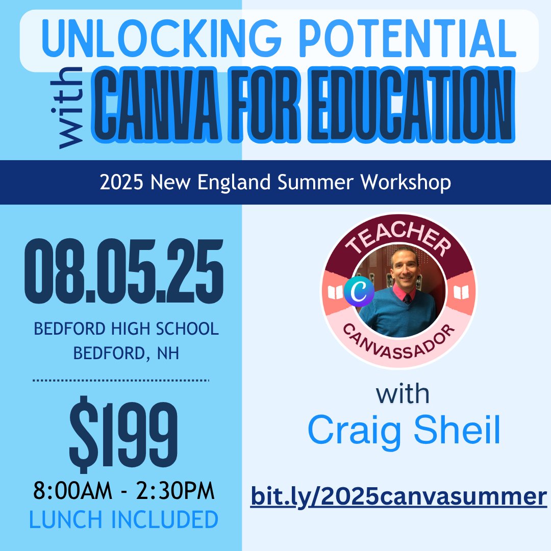 Craig Sheil (@csheil) on Twitter photo Exciting News! Will be offering an in person, one day, Canva for Education workshop for those interested in unlocking the potential with Canva on Tuesday, August 5, 2025 in Bedford NH. For full details bit.ly/2025canvasummer Hope to see you there! #CanvaEDU #nhed <a href="/CanvaEdu/">Canva for Education</a> Exciting News! Will be offering an in person, one day, Canva for Education workshop for those interested in unlocking the potential with Canva on Tuesday, August 5, 2025 in Bedford NH. For full details bit.ly/2025canvasummer Hope to see you there! #CanvaEDU #nhed <a href="/CanvaEdu/">Canva for Education</a>