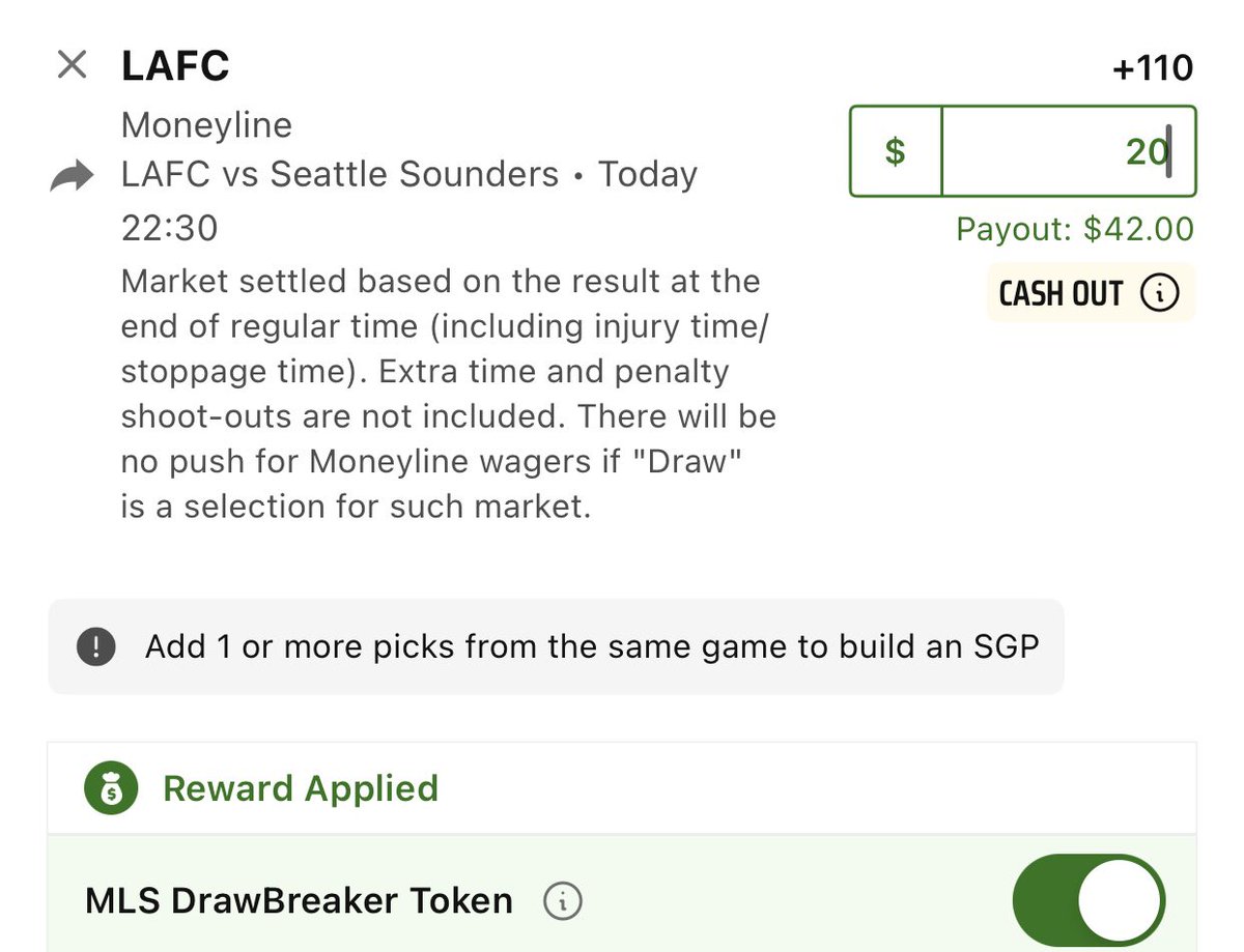 DraftKings - MLS Soccer DrawBreaker

Los Angeles FC +110
EV: 14.7%
QK: 2.41u

Columbus Crew +120
EV: 14.2%
QK: 2.17u

Minnesota FC +145
EV: 14.1%
QK: 1.79u

Devig to Pinny. Providing a few options because these lines bounce around a bit. For example the Crew were just by far the