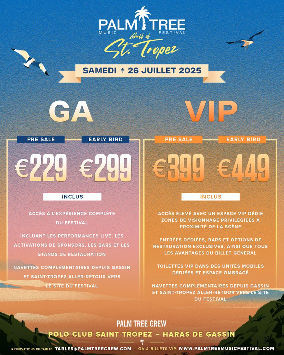palmtreefest's tweet image. We’re excited to be bringing our unique festival to the Gulf of St. Tropez ✨This is an intimate festival experience and tickets will sell out quickly! Get yours at the best possible price by signing up for our pre-sale
Please email tables@palmtreecrew.com for table inquiries🍾