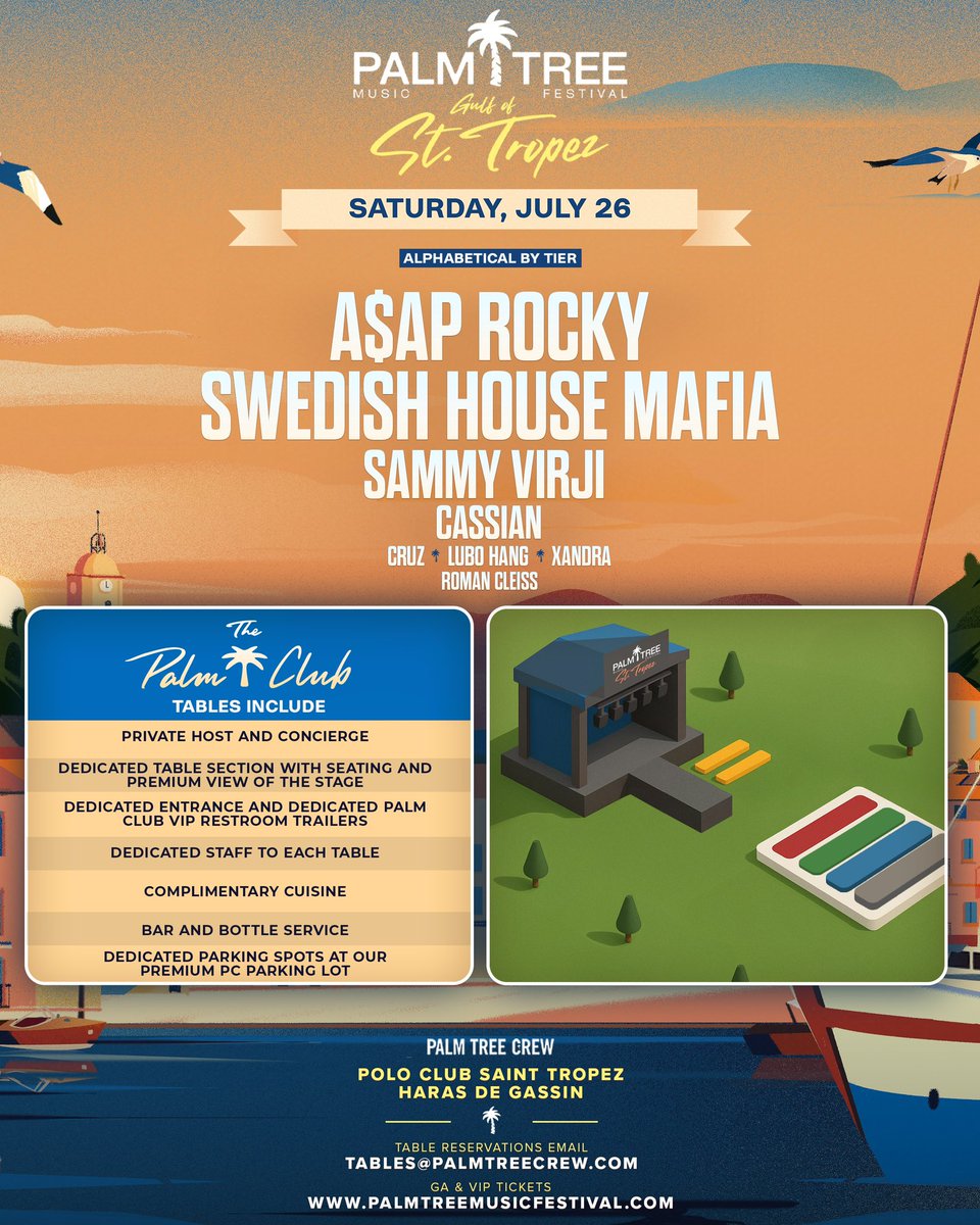 palmtreefest's tweet image. We’re excited to be bringing our unique festival to the Gulf of St. Tropez ✨This is an intimate festival experience and tickets will sell out quickly! Get yours at the best possible price by signing up for our pre-sale
Please email tables@palmtreecrew.com for table inquiries🍾