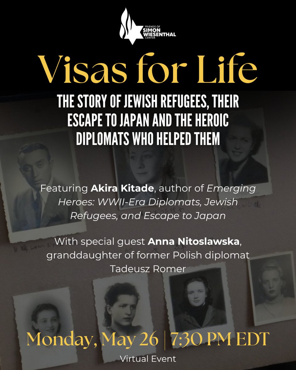 Friends of Simon Wiesenthal Center (@canadianfswc) on Twitter photo In honour of Asian Heritage Month and Jewish Heritage Month, join us May 26 for Visas for Life – a powerful virtual program exploring the story of Jewish refugees, their escape to Japan during WWII and the heroic diplomats who helped them.
Register here: interland3.donorperfect.net/weblink/weblin… In honour of Asian Heritage Month and Jewish Heritage Month, join us May 26 for Visas for Life – a powerful virtual program exploring the story of Jewish refugees, their escape to Japan during WWII and the heroic diplomats who helped them.
Register here: interland3.donorperfect.net/weblink/weblin…
