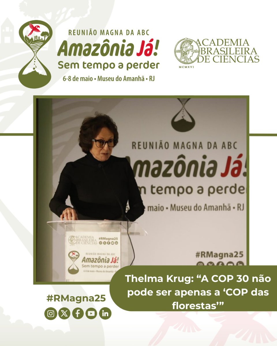 #RMagna25 •Thelma Krug, primeira conferencista da Reunião Magna da ABC 2025, demonstrou sua preocupação para que a COP30 que se aproxima, não se esquive de abordar aquele que é o principal motor do aquecimento do planeta, os combustíveis fósseis. 

👉 bit.ly/3Sp4a50