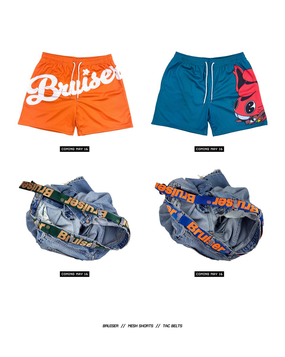 Welcome to our current BRUISER roster. All available on our site (check bio).

New shorts and tac belts will be available May 16th.

New tees and items after that 🥕