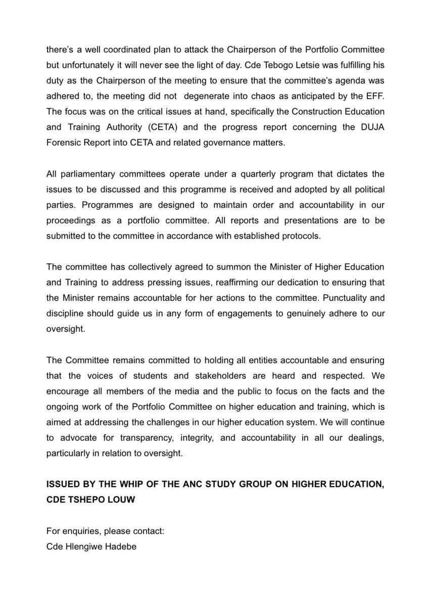 RESPONSE TO ALLEGATIONS AGAINST PORTFOLIO COMMITTEE CHAIRPERSON, CDE TEBOGO LETSIE BY THE POPULIST EFF