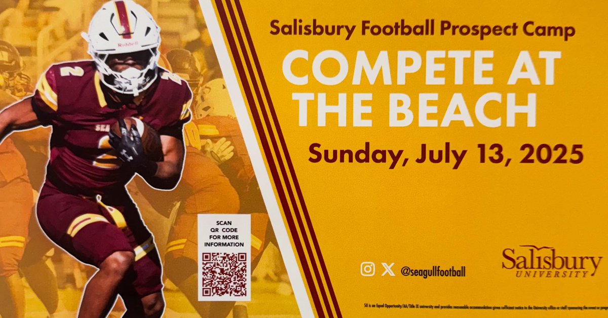 Salisbury Football Prospect Camp will be held Sunday, July 13th.

Come out and see what Salisbury is all about!

Click the link below to sign up!!!

vivenu.com/event/salisbur…

#CompeteAtTheBeach #GoGulls #GoldPride