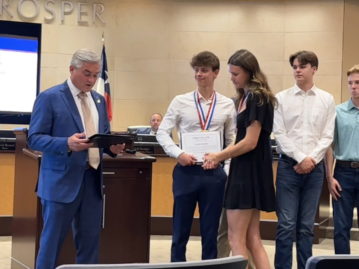 Thank you to the @town_of_prosper for having us last night! We are honored to be recognized as Boy’s State Champions and honored to have Grayden Barker and Morgan Farlow recognized for their 1st place finishes at State. We are grateful for what you do!