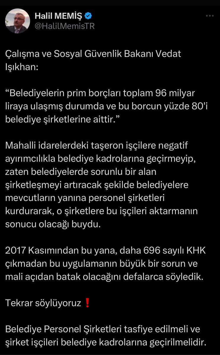 <a href="/isikhanvedat/">Prof. Dr. Vedat Işıkhan</a> <a href="/RTErdogan/">Recep Tayyip Erdoğan</a> Bu Hikayede Yanan Biz Olduk Belediye Şirket İşçileri Taşeronlar <a href="/akbasogluemin/">Av. M.Emin AKBAŞOĞLU 🇹🇷</a>  <a href="/Akparti/">AK Parti</a> <a href="/RTErdogan/">Recep Tayyip Erdoğan</a> <a href="/tcbestepe/">T.C. Cumhurbaşkanlığı</a> <a href="/iletisim/">T.C. İletişim Başkanlığı</a> <a href="/fahrettinaltun/">Fahrettin Altun</a> <a href="/csgbakanligi/">T.C. Çalışma ve Sosyal Güvenlik Bakanlığı</a> <a href="/isikhanvedat/">Prof. Dr. Vedat Işıkhan</a> <a href="/vedatbilgn/">Vedat Bilgin</a> <a href="/jsarieroglu/">Jülide Sarıeroğlu 🇹🇷</a> <a href="/TBMMGenelKurulu/">TBMM Genel Kurulu</a> <a href="/NumanKurtulmus/">Numan Kurtulmuş</a> <a href="/omerrcelik/">Ömer Çelik</a> <a href="/BY/">Binali Yıldırım</a> IşıkhanSESSİZ TühisETKİSİZ