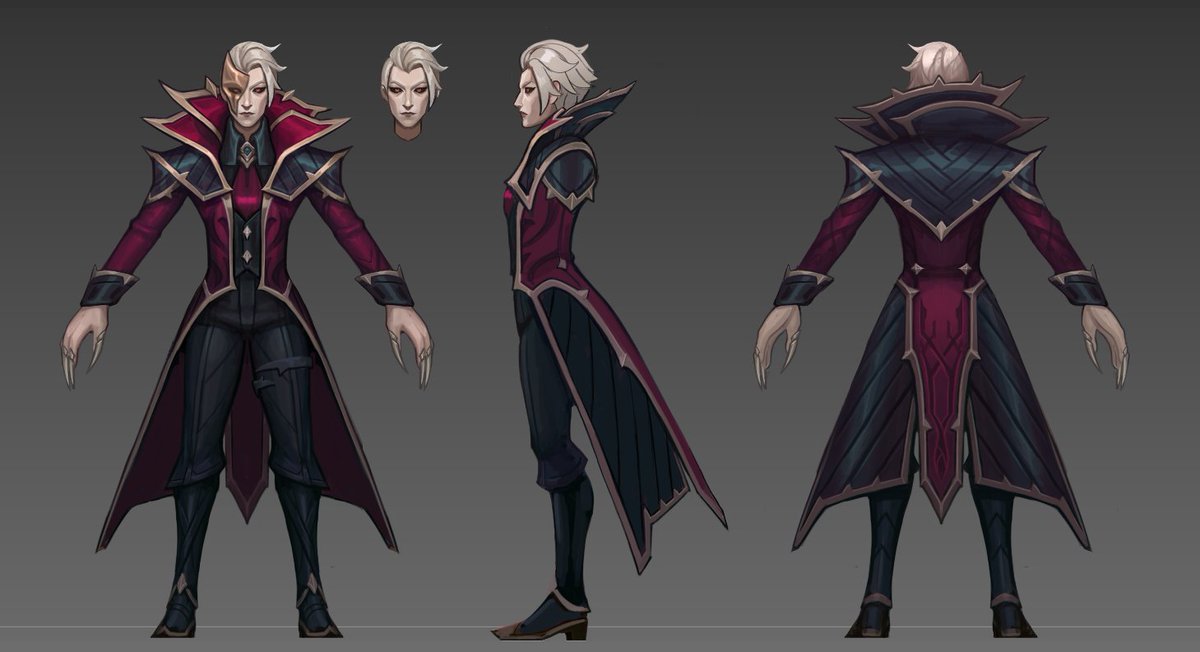 Concepts I worked on for the tweaked Masque of the Black Rose Vladimir; Shooting to incorporate some subtle rose imagery without including the sigil on his cloak, thin stemlike lines in his torso and coattails leading up to the petaling of his collar, etc!