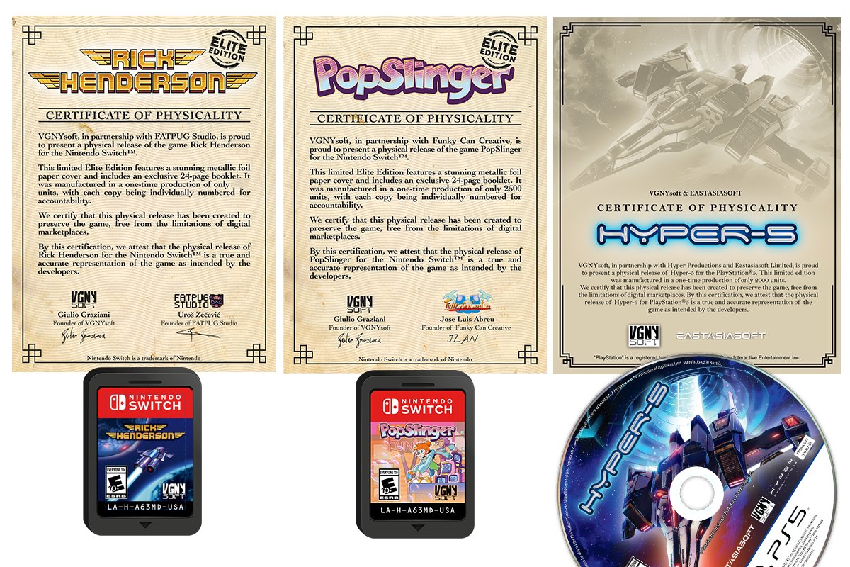 It’s time for a quick check-in!

At VGNYsoft, physical games mean the game is physically on the media (cartridge or disc).

In early 2024, we started to include our "Certificate of Physicality" inside every game, solidifying our commitment that all of our games can be played from