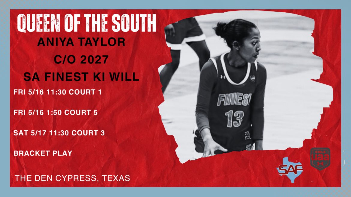 AniyaTaylor (@aniyataylor2027) on Twitter photo My team and I will be putting in work at the Queen of the South tournament this weekend! <a href="/SAFinestbball/">SA Finest Basketball</a> My team and I will be putting in work at the Queen of the South tournament this weekend! <a href="/SAFinestbball/">SA Finest Basketball</a>