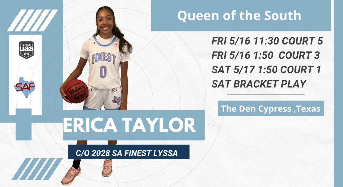 Erica Taylor (@ericataylor2028) on Twitter photo Excited to compete with my team at the Queen of the South tournament this weekend! <a href="/SAFinestbball/">SA Finest Basketball</a> Excited to compete with my team at the Queen of the South tournament this weekend! <a href="/SAFinestbball/">SA Finest Basketball</a>