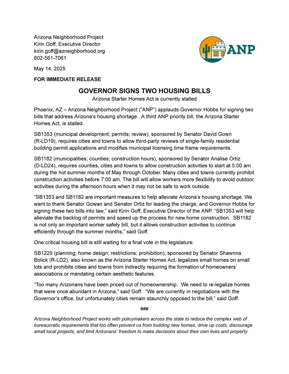 <a href="/GovernorHobbs/">Governor Katie Hobbs</a> signed two housing bills! 

SB 1353 (<a href="/DavidGowan/">David Gowan</a>) allows third-party permit review for houses to prevent process delays. 

SB 1182 (<a href="/SenAnaliseOrtiz/">Sen. Analise Ortiz (@senanaliseortiz.bsky.social)</a>) allows construction during cool morning hours of summer.

THANK YOU 🙏